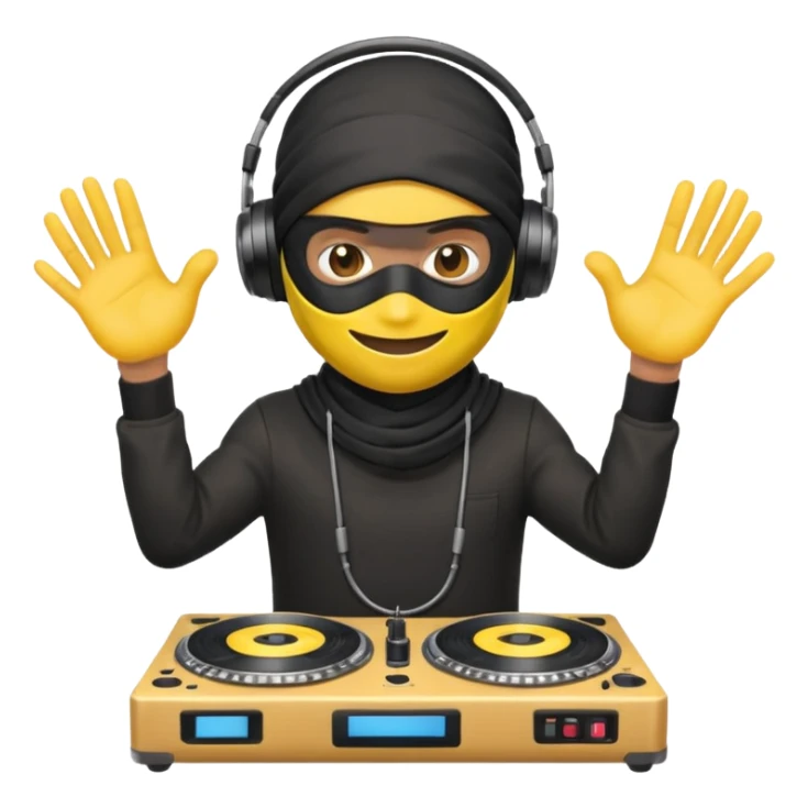 Make a customized yellow head emoji with hands and holding a dj turn table  in a  ninja face mask sticker