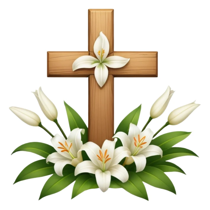 A wooden cross with white lilies around the bottom. sticker