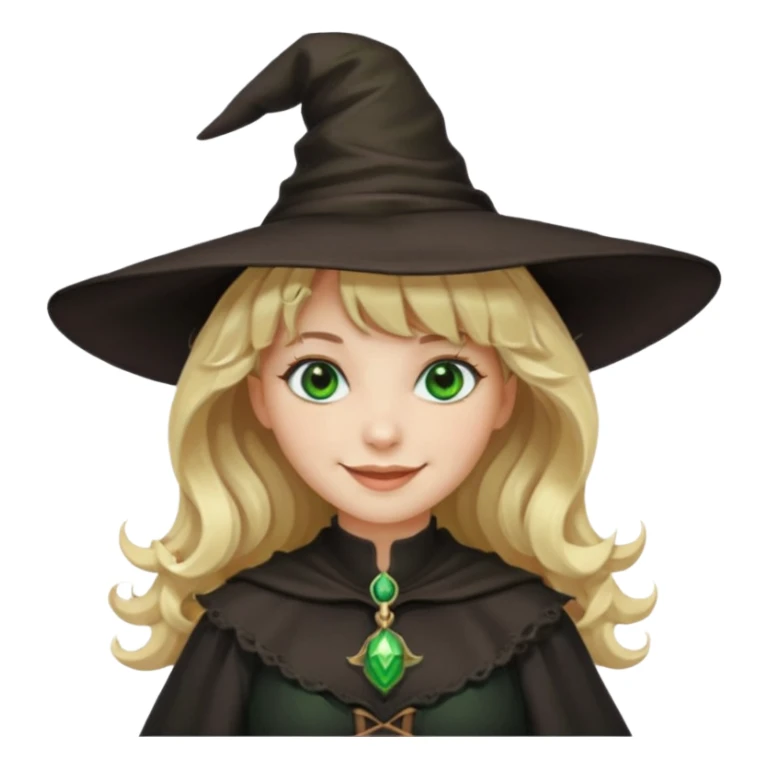 Mulher, branca, cabelos loiros e ondulados com uma franja, olhos verdes e roupa e chapéu de bruxa sticker