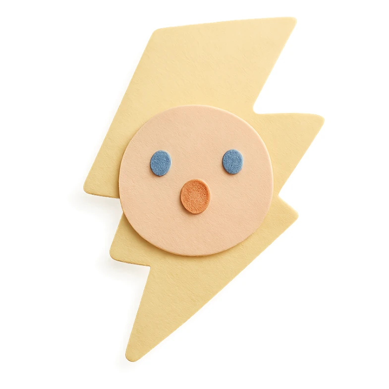 cute soft yellow lightning bolt, surprised face, no limbs, full body, soft pastel colors, paper craft style sticker