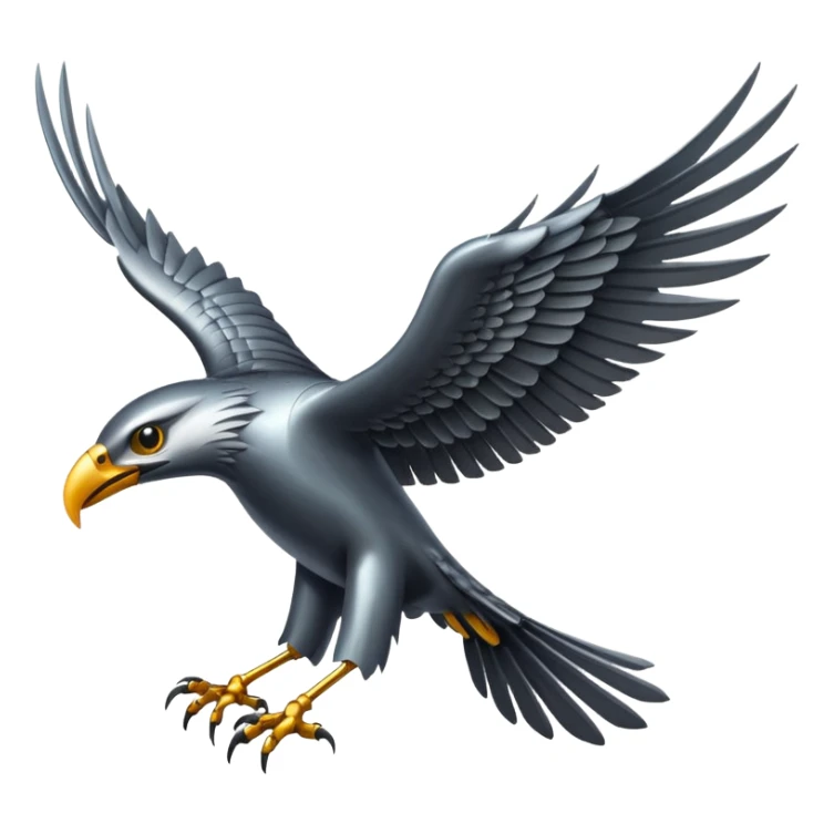 Emoji-style icon of a large metallic predatory bird flying, sharp wings, steel texture, dramatic pose, dark background sticker