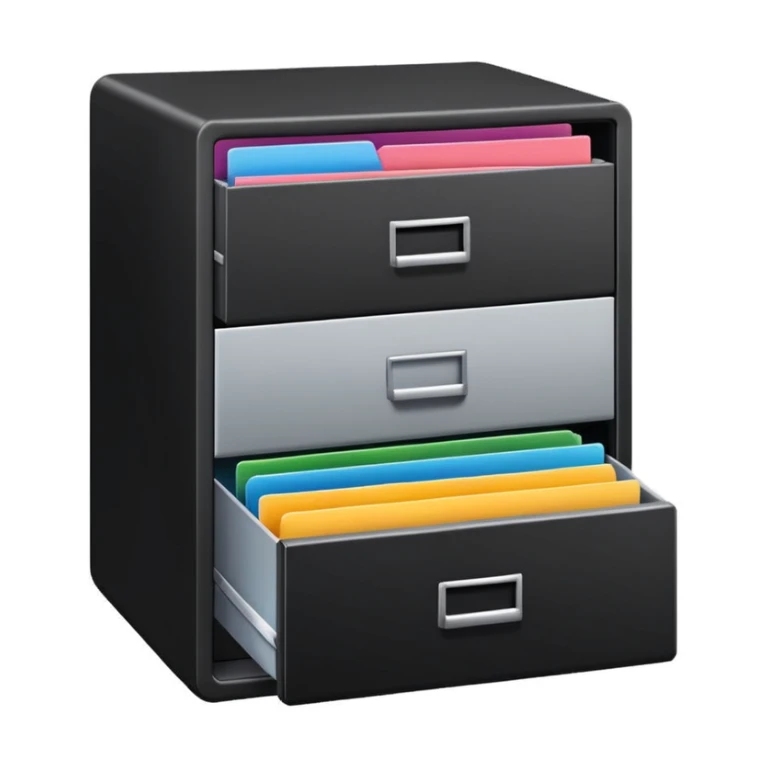 black filing cabinet with open bottom drawer with colorful folders sticker