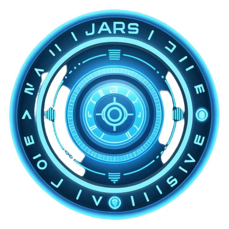 A circular blue holographic interface made of concentric rings, glowing tick marks, and data arcs, with the text “J.A.R.V.I.S.” centered, resembling a futuristic digital HUD floating in space. sticker