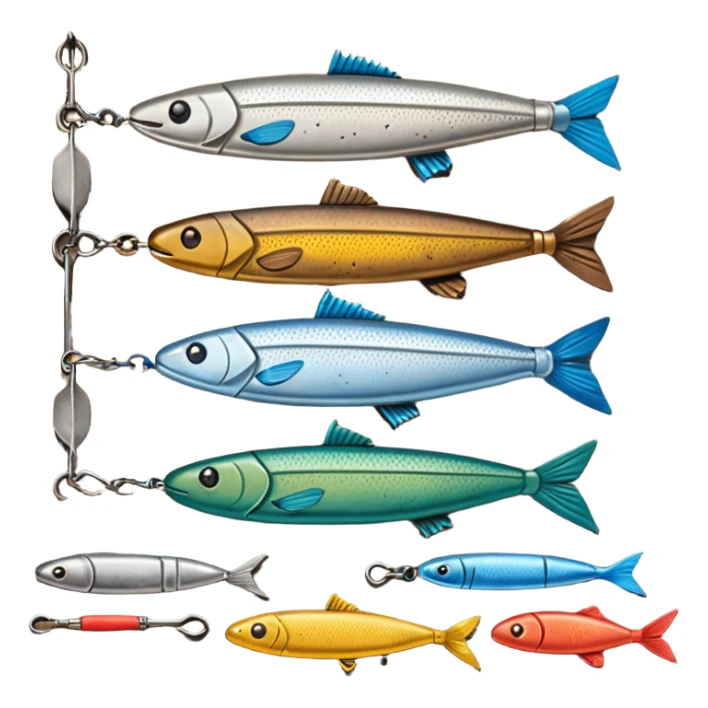 A metal lure set arranged on a wooden plank sticker