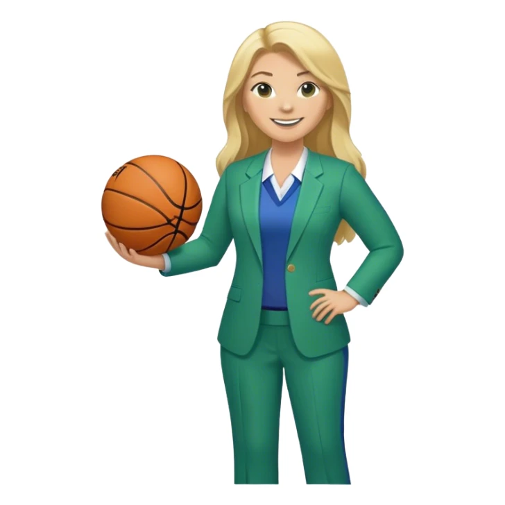 Full Body white plus size female basketball head coach using a clipboard with long blonde hair in a blue and green suit smiling with basketball and clipboard sticker
