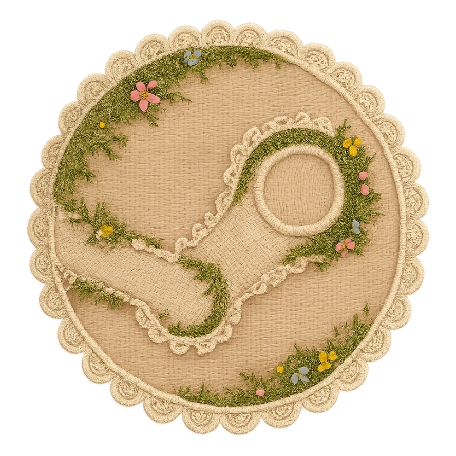 Cottagecore Steam logo: iconic circle and arm design crafted from embroidered fabric with lace trim, moss, and small flowers, gentle pastel palette, rustic and homey, no text sticker