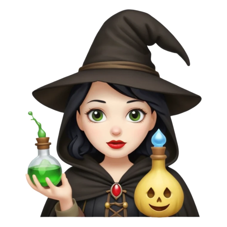 Snow White witch with exaggerated features, pale skin, facing camera, holding a potion bottle, emoji style sticker