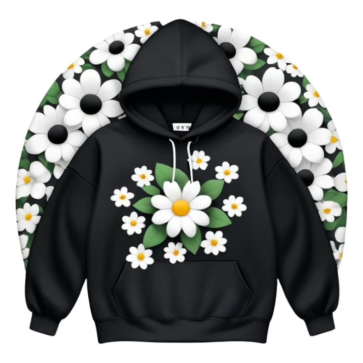 "Generate a black hoodie with scattered medium-sized black and white flowers. Each flower should have a bold, thick white ring as petals with a completely hollow center, creating an open, circular appearance. The flowers should be irregularly shaped, not symmetrical, and spread across the hoodie, including the sleeves and hood. Avoid detailed petals, shading, or filled centers—just simple, bold, hollow ring-like floral patterns sticker