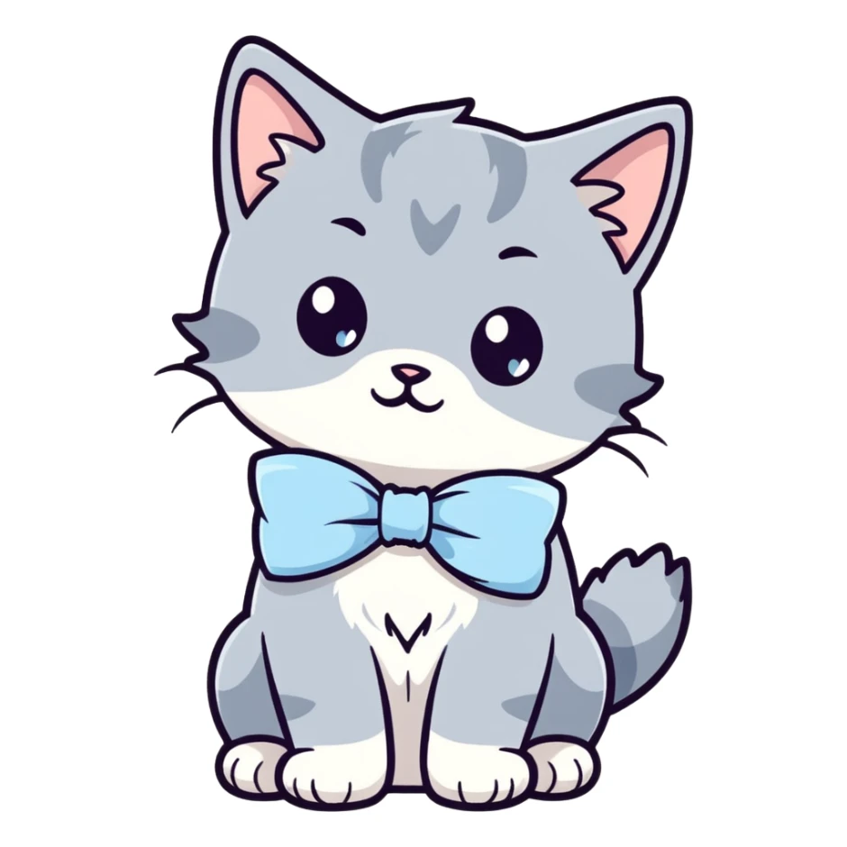 cute fluffy gray kitten with a light blue bow, ghibli style sticker