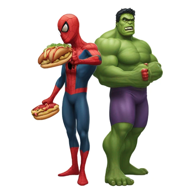 Spiderman holding a hotdog with the hulk sticker
