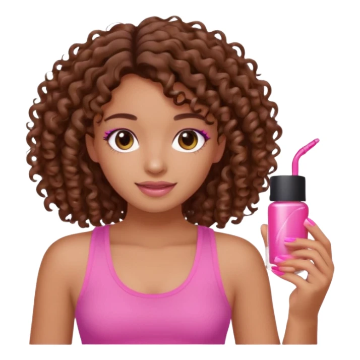Uma menina com o cabelo cacheado é morena, e com uma regata rosa com unha em gel  sticker