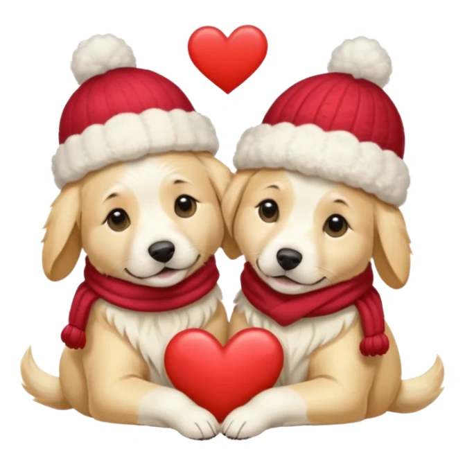 2 English cream golden retrievers cuddling with winter hats and heart in between them. Make them pale dogs . Less cartoon and no hands holding heart just a heart in between  sticker
