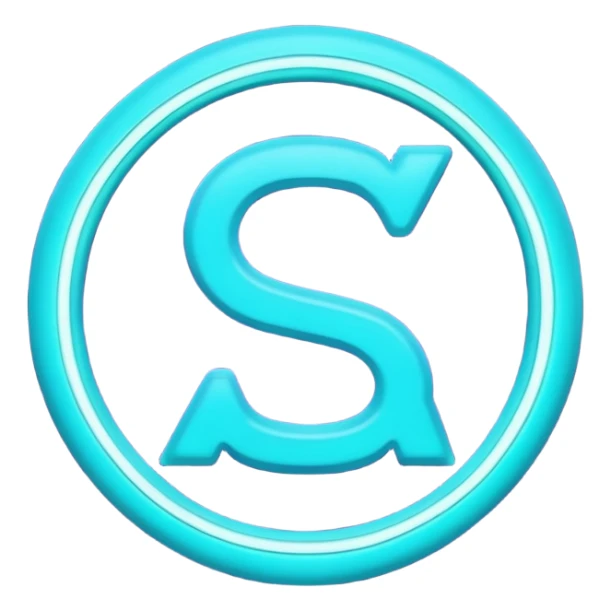 futuristic minimalistic emoji icon, letter "S" formed by three glowing digital lines representing Storm, Atom and NoizeGames, neon purple (#8B5CF6) and cyan (#00E0FF) on dark background, modern tech style, 1:1 aspect ratio sticker