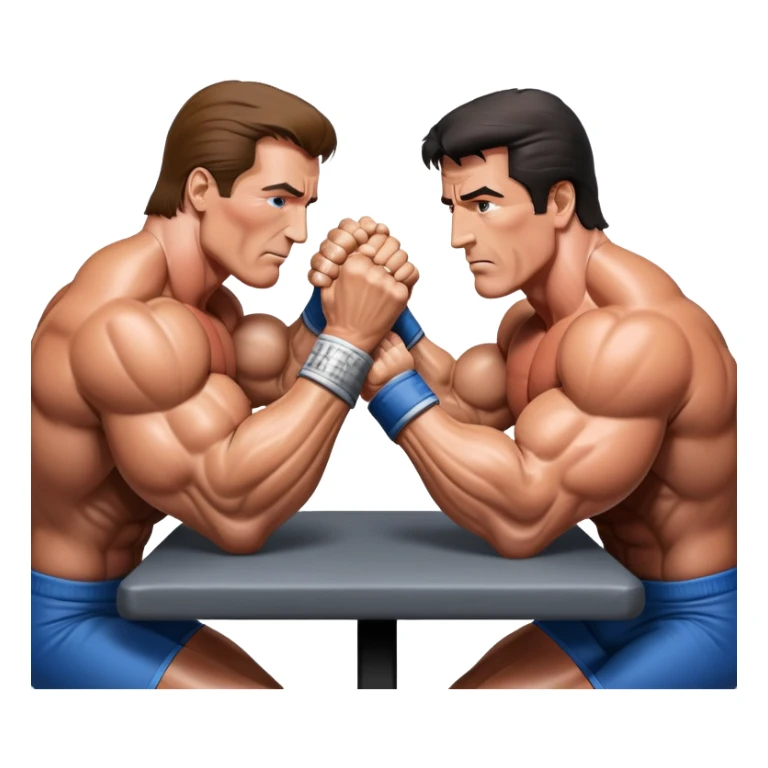 Arnold Schwarzenegger and Sylvester Stallone from 'Over the Top,' locked in an arm wrestling battle, using only their right hands. Their left hands rest on the table. Both display immense strength, with muscular arms flexing, under bright competition lights. Transparent background. sticker
