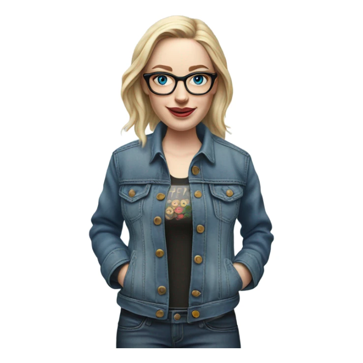 Create a Hyper Realistic pale beautiful tattooed 3D woman with glasses and blue eyes wearing denim jacket sticker