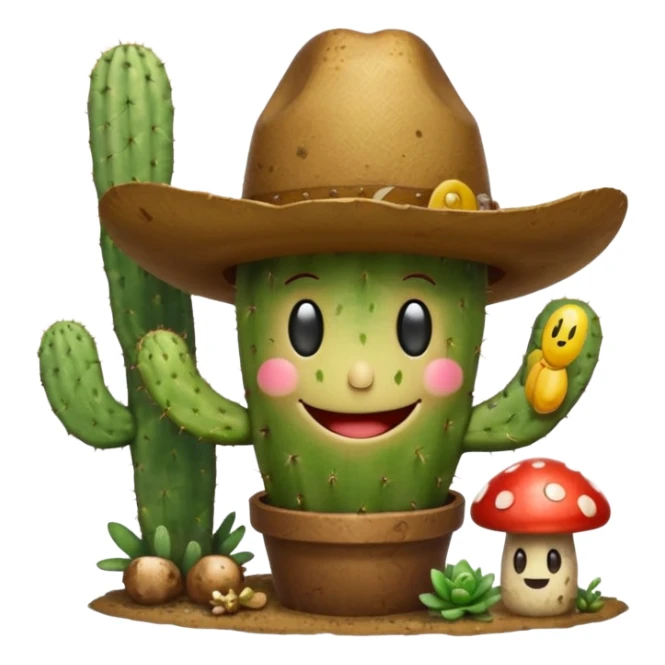 Make a cactus that has this smily face “😁” and a cowboy hat and holding shrooms sticker