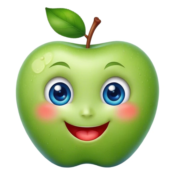 A cute green apple with a big smile and blue expressive big eyes sticker