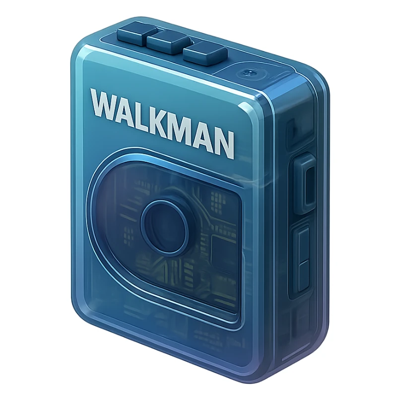 stereo walkman, modern reinterpretation, sleek design, metallic finish, subtle lighting, isolated, no background sticker