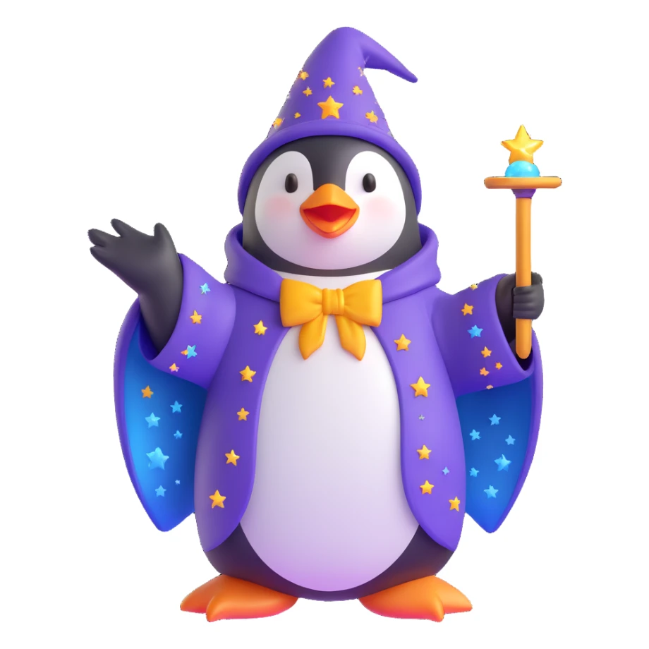 cute penguin wizard casting a spell, with sparkles and a starry robe, 3D emoji style sticker