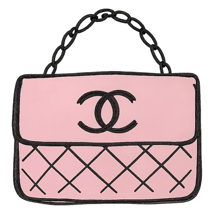 pink Chanel purse with classic CC logo, hand-drawn black outline icon style, no fill sticker