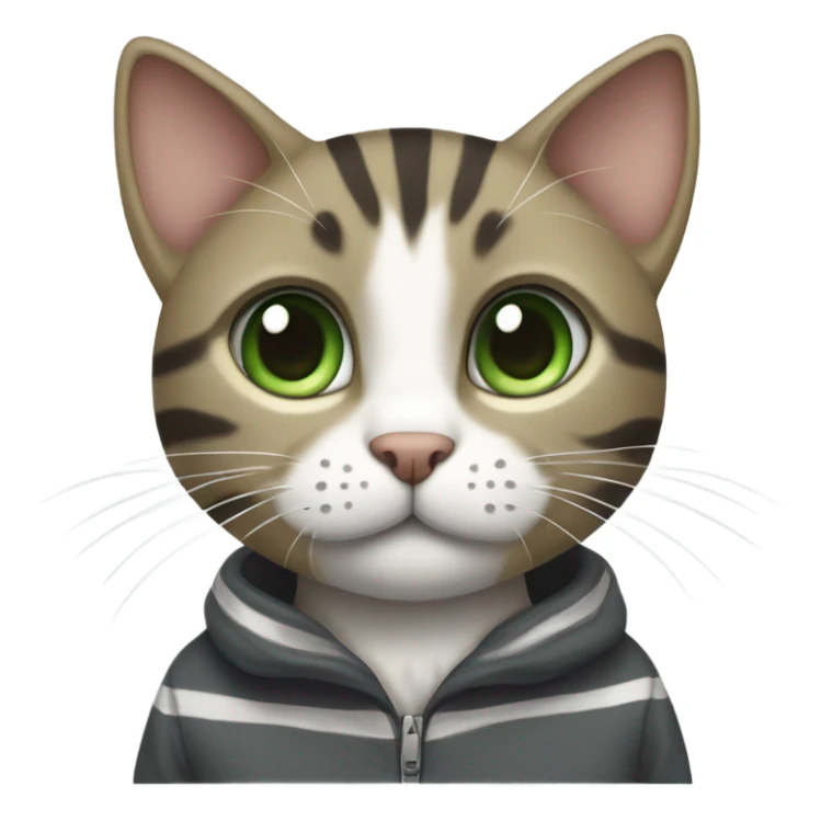 A tabby cat with a white chest and paws, large green eyes, and perked ears. It has a sleek, striped coat with a mix of dark gray and white tones. sticker