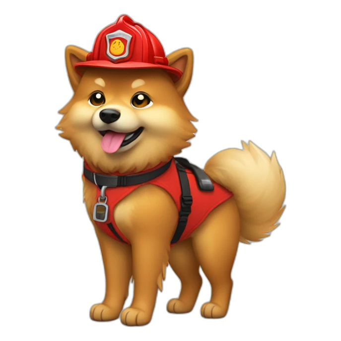 Full body fawn Eurasier happy, Red firefighter hat and red boots tail wagging sticker