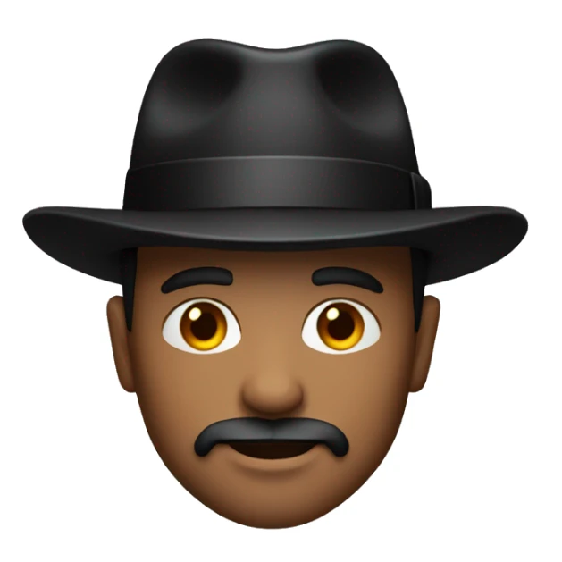 Man with bright red skin, black fedora and black goatee sticker