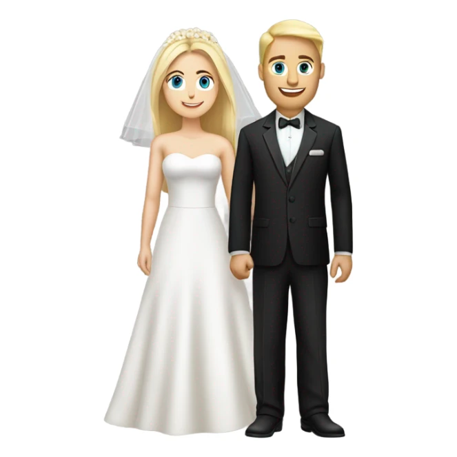 bride in white dress, blonde, blue eyes, white skin with black suit groom, white foot brown hair sticker