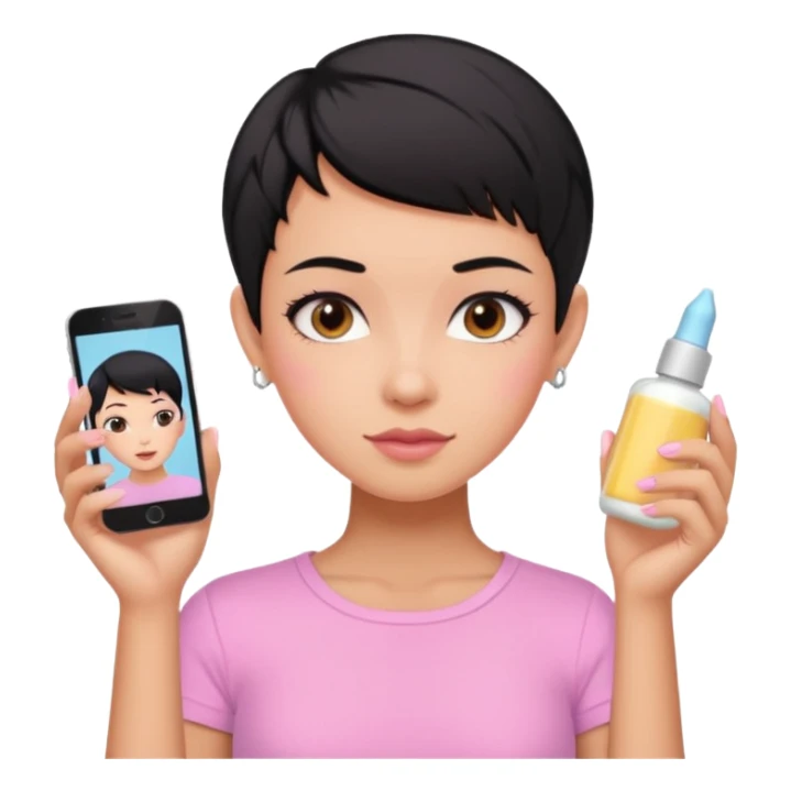 tan girl pink shirt with black hair & a pixie, cut no earrings, doing cute pastel colors skin care sticker