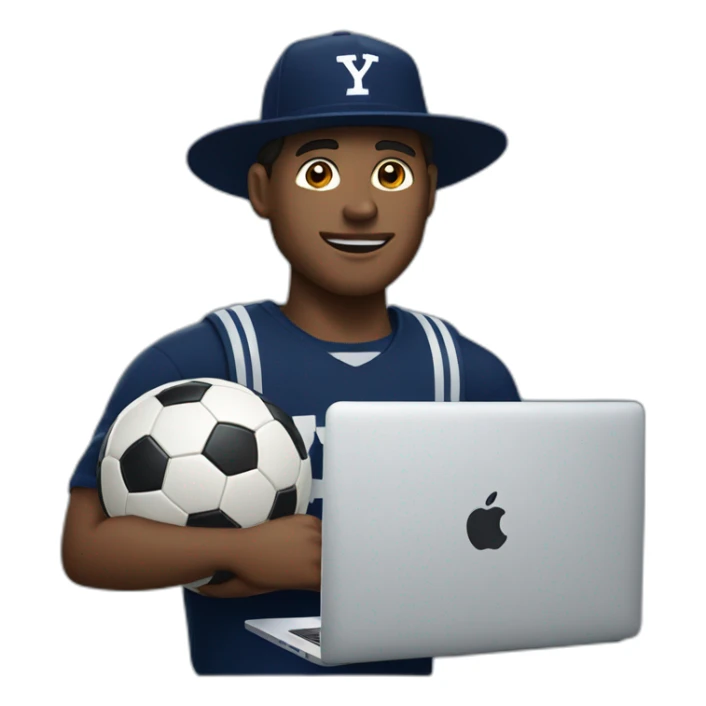 guy wearing a Yale university hat holding a soccer ball and a MacBook computer sticker