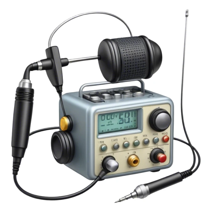 A photorealistic icon featuring a ham radio transceiver, headphones, microphone, antenna, radio equipment like soldering tools and cables, soldering iron in use. The design includes detailed textures and realistic lighting. Transparent background. sticker
