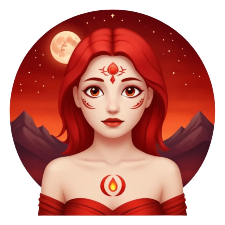 Woman standing under red moonlight, bare shoulders, ritual markings faintly glowingWoman standing under red moonlight, bare shoulders, ritual markings faintly glowing sticker