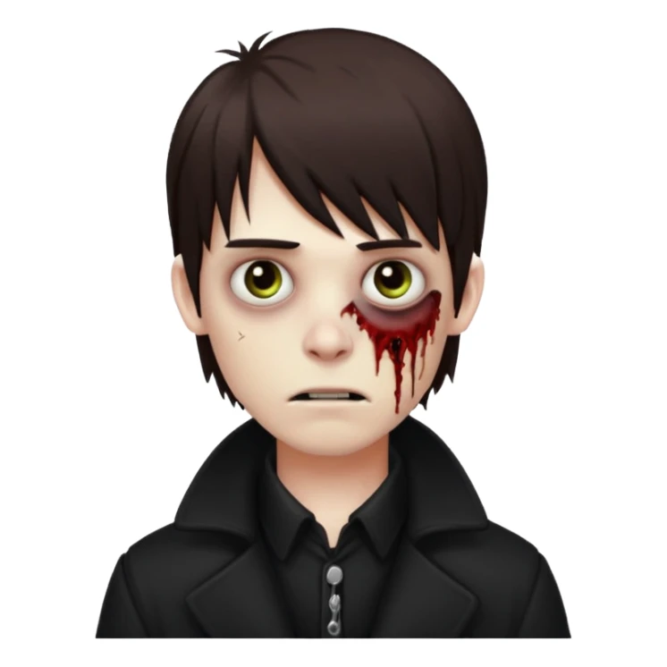 Zombie, emo guy with dark circles under his eyes and medium brown hair with straight bangs, in a black long
 sticker