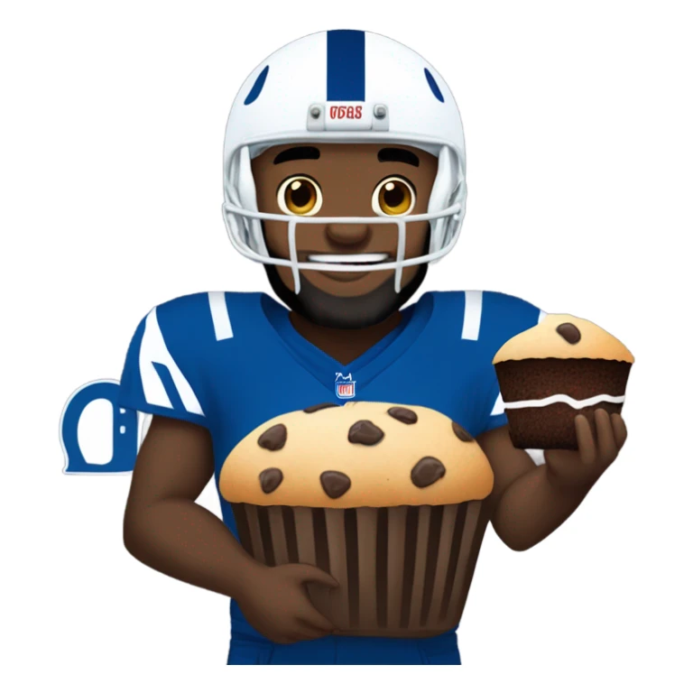Black man with beard while wearing Colts symboled football helmet eating a chocolate chip muffin sticker