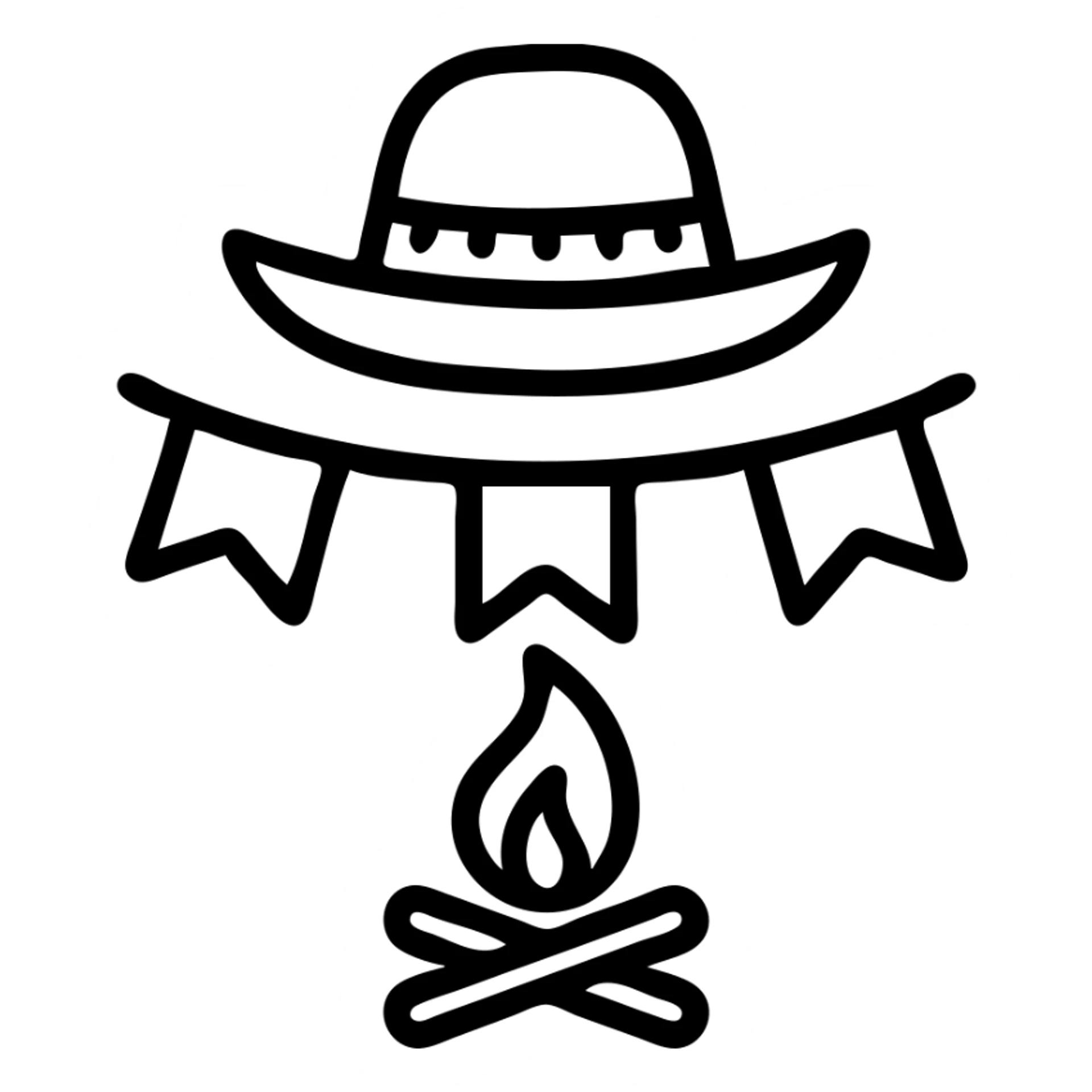 festa junina icon featuring a straw hat, bunting flags, and a bonfire, clean modern icon style sticker