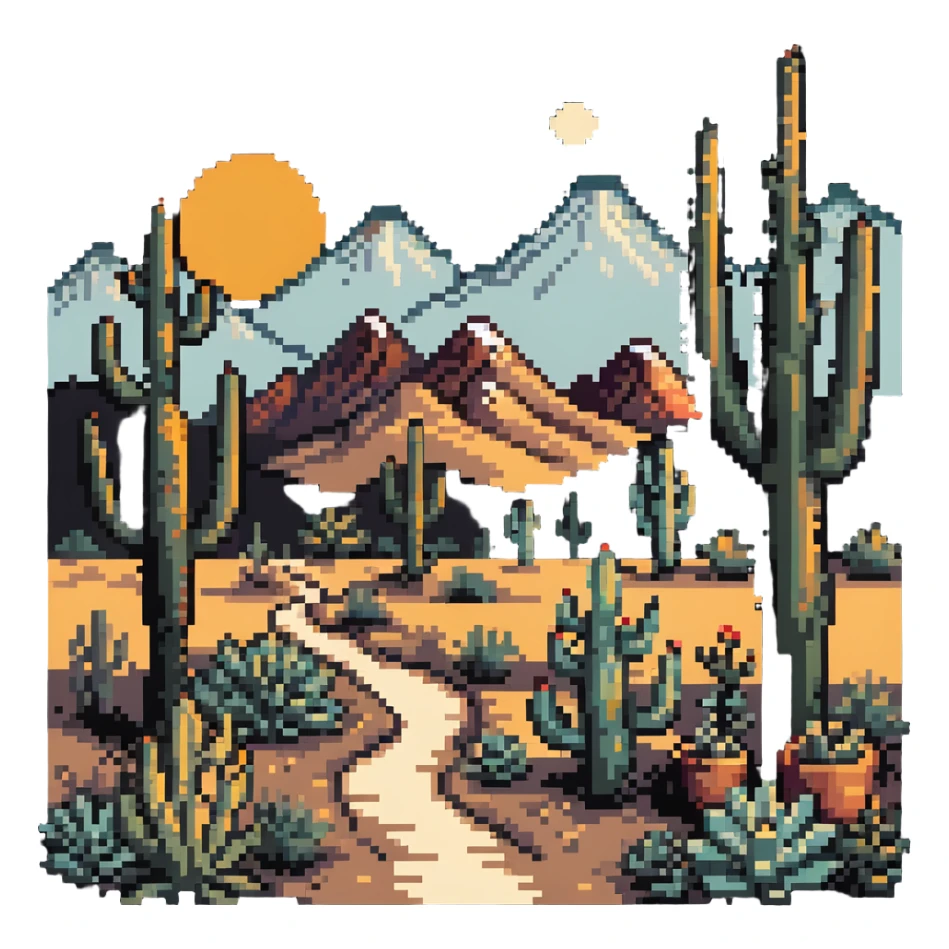 boho-inspired landscape painting with mountains, sun, and desert plants sticker