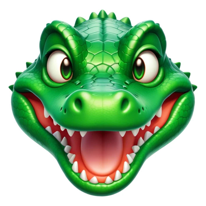 Cinematic Comical Crocodile Portrait Emoji, Head tilted dramatically with an exaggeratedly amused expression, featuring a striking, glossy emerald-green hide with bold textured scales and wide, expressive eyes filled with playful disbelief, Simplified yet hilariously expressive features, highly detailed, glowing with a slightly sassy glow, high shine, dramatic yet playful, stylized with an air of cheeky mischief, bright and endearing, soft glowing outline, capturing the essence of a spirited and over-the-top crocodile, so meme-worthy it feels like it could snap its jaws into internet fame instantly! sticker