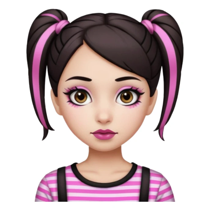 generate a pretty fair bratz girl with dark brown eyes. Dark brown hair straight hair with pink highlights tied into buns.  eyeliner. black lipstick. Wearing a white and black striped top sticker