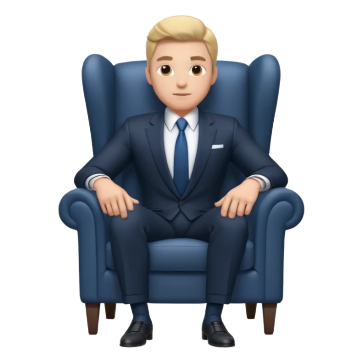 businessman sitting in an armchair, confident relaxed pose, formal suit and tie, professional corporate vibe, 3D cartoon style, mobile game icon style, clean background, no text, no watermark
 sticker