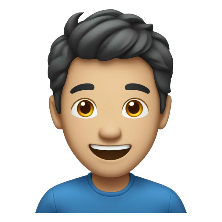 Asian man laughing, blue cloth, big smile, young hair style sticker