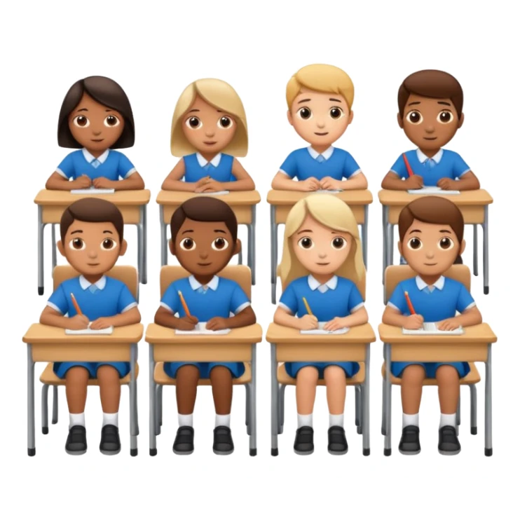 five school children not wearing uniform sitting in a row behind their school desks sticker