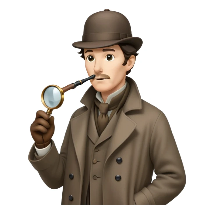 Sherlock Holmes emoji: a detective with a magnifying glass, wearing a deerstalker hat and a long coat, with a pipe in hand, standing in a foggy London street, detailed and expressive, simple yet iconic. sticker