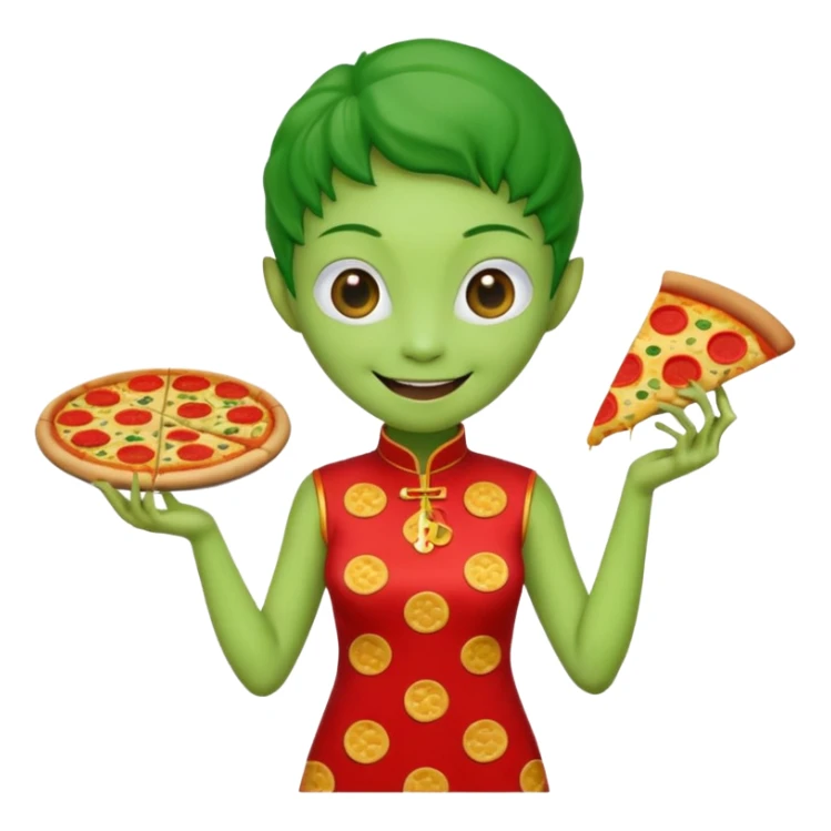 alien, wearing cheongsam, with pizza sticker