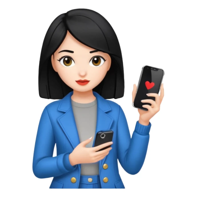 influencer girl black haired, phone in hand, recording herself, confident, trendy, sticker