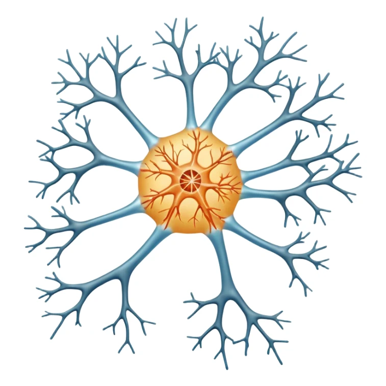 A unilateral scientifically accurate nerve cell with the 3 main components, dendrites on the cell body on one side , a long axon and a few dendrites at the other side. Not a spherical or round nerve cell, a long body nerve cell sticker