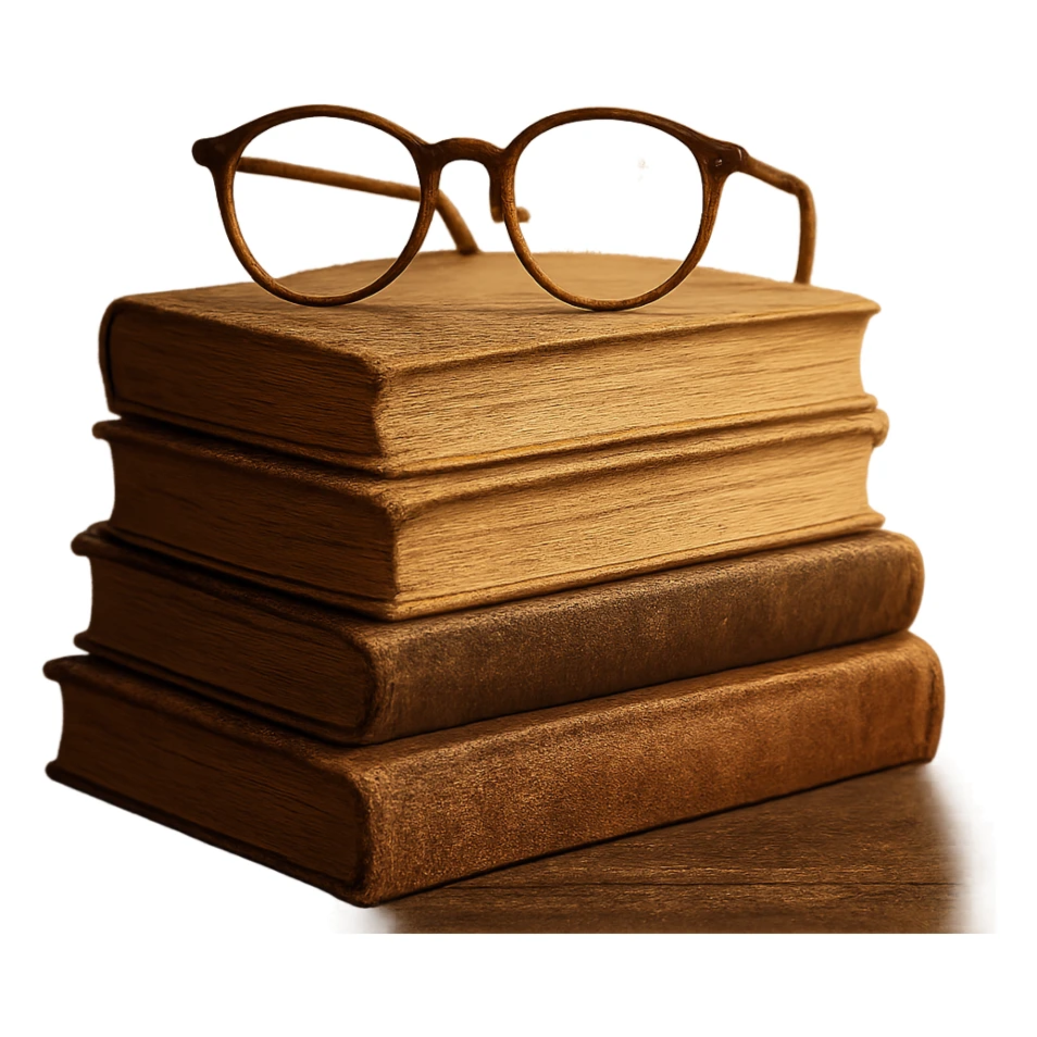 cozy stack of books with reading glasses, warm and inviting sticker