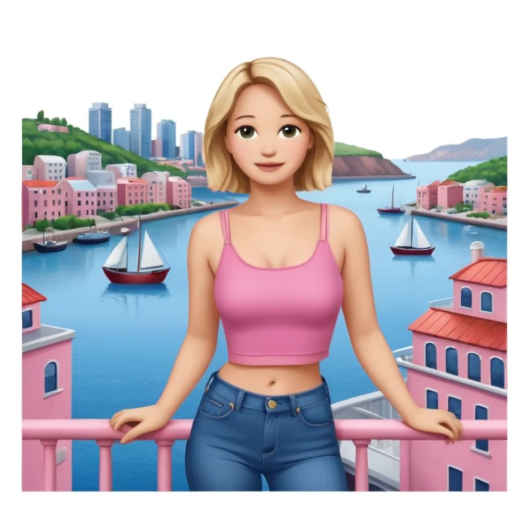 jennifer lawrence, pink crop top, and blue jeans, leaning on a balcony with a harbor and cityscape in the background, smiling sticker