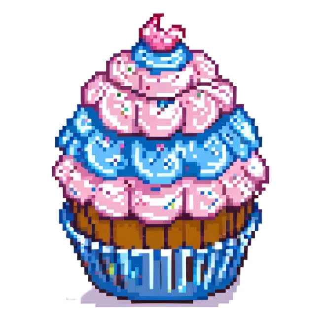 pixel art cupcake with pink icing and a blue wrapper sticker
