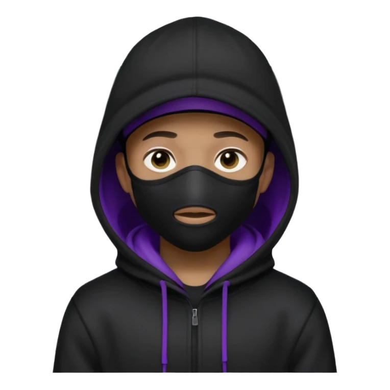 Cartoon blacked character related to a shadow, with all black clothes, focusing a hoodie with his cap on and a black facemask, no visible face because of the darkness, just his purple shadow eyes making a light bloom sticker