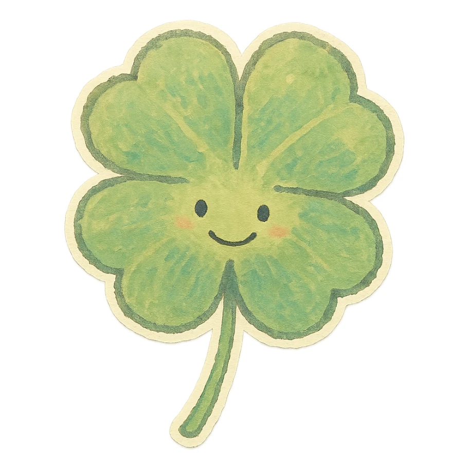 four-leaf clover, pastel Japanese hand-drawn sticker style, full object, transparent background, with a gentle smile sticker